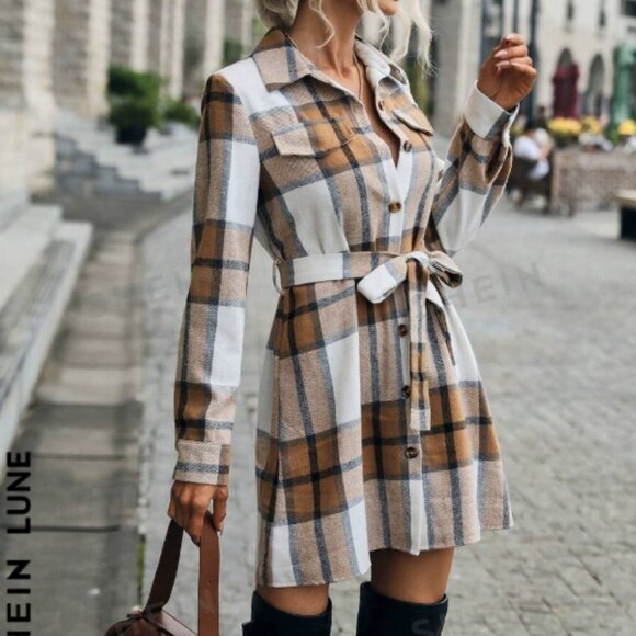 SHEIN Dresses & Skirts - Plaid Single Breasted Belted Shirt Dress Size Large